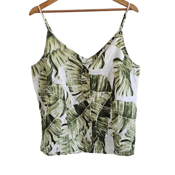 H&M linen button front palm  print camisole green white large NWOT - Picture 3 of 10